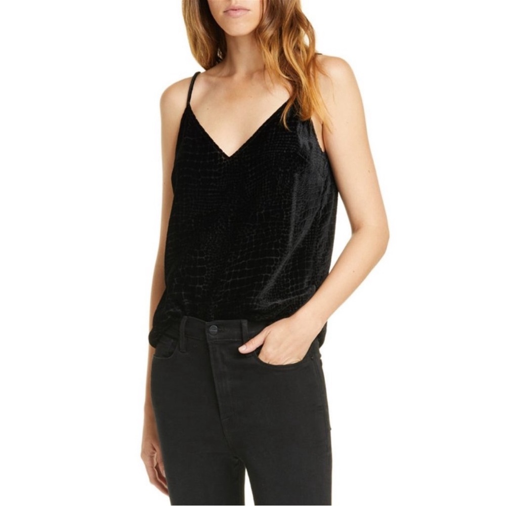 FRAME Soft Black Velvet Embossed Croc Print Elegant Cami Top Adjustable Straps